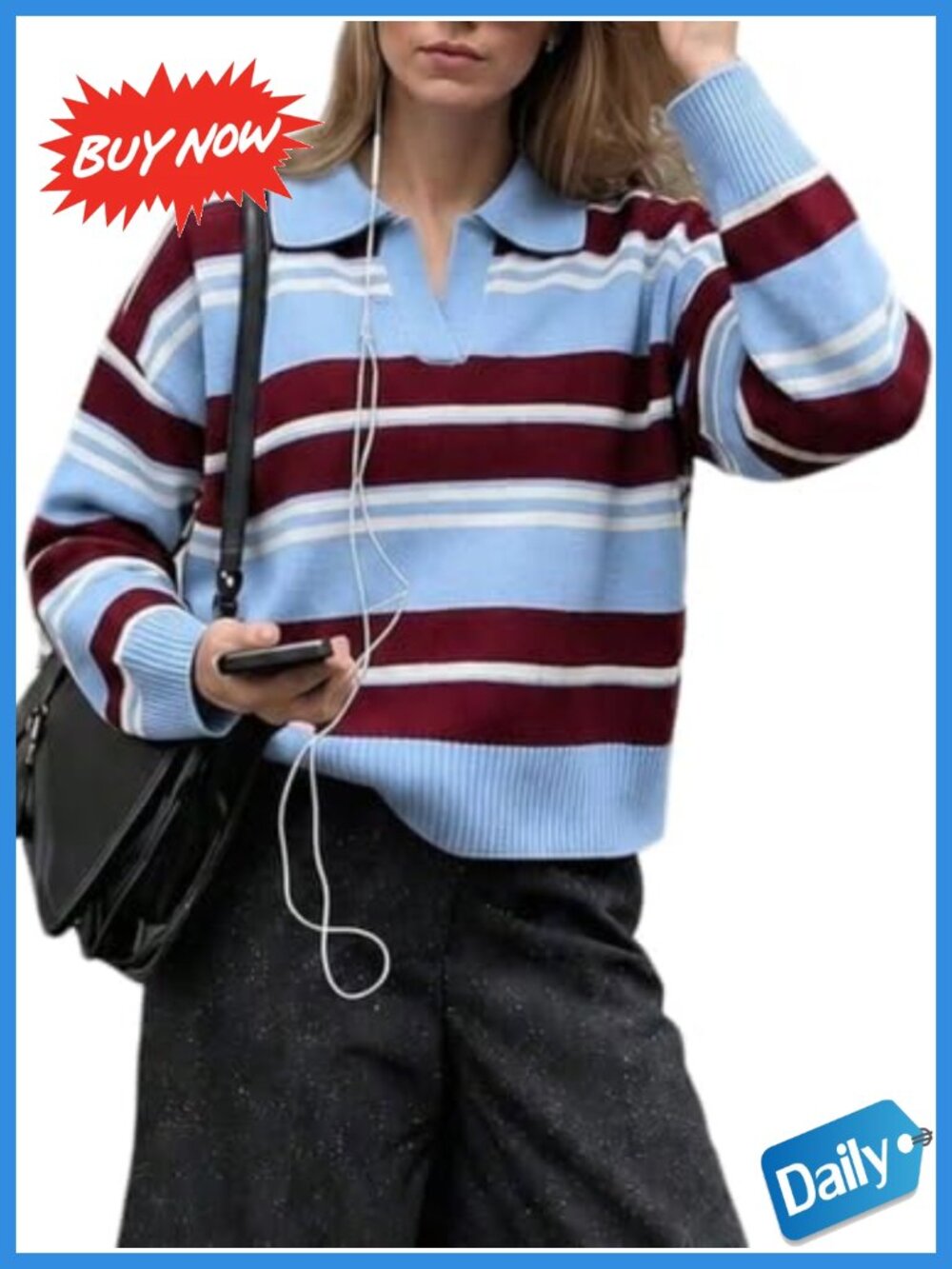 Soft Knit Striped Pullover Sweater Notched Neck Long Sleeve Loose Fit